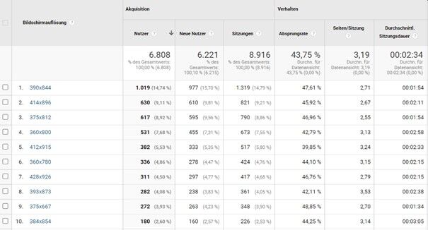 Screenshot des Bereichs „Bildschirmauflösung“ aus Google Analytics
