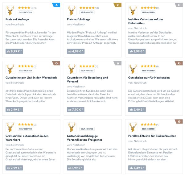 Screenshot einiger Plugins von Netzhirsch im Shopware Community Store